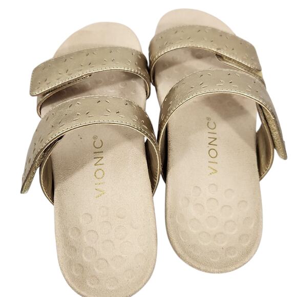 VIONIC WOMENS RANDI GOLD METALLIC LEATHER COMFORT SLIDE SANDALS ADJUSTABLE SZ 6 - Picture 6 of 8